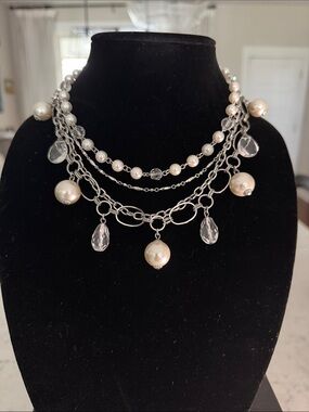 Multi-Strand Faux Pearl and Crystal Drop Necklace - Silver & White
